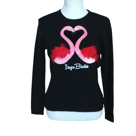 NEW ItzsaBirdie Cashmere Pink Love Flamingo Sweater In Black - Picture 2 of 13